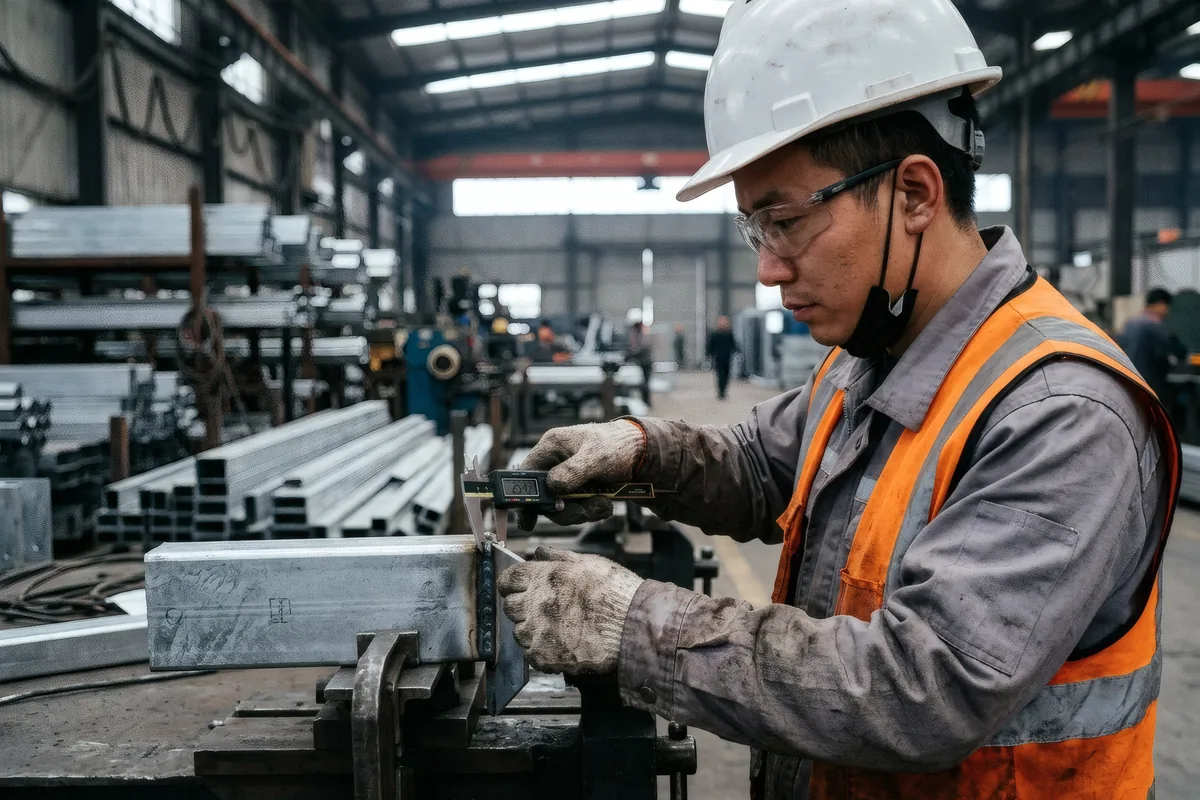 A quality inspector measuring a steel section with vernier callipers