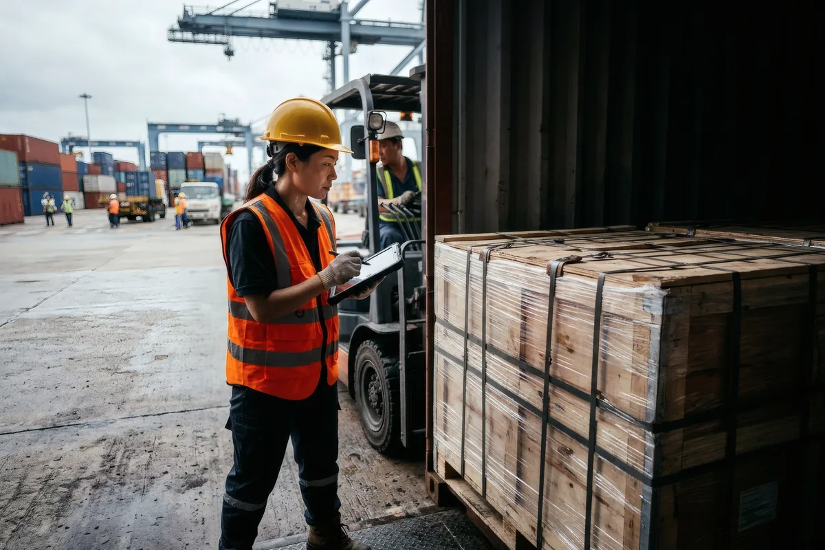 A checker verifying strapped crates being loaded into a shipping container