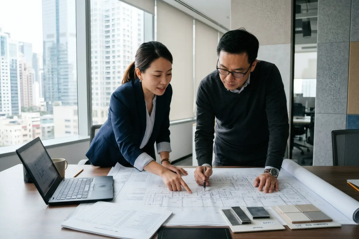 Two engineers reviewing a technical drawing and material samples